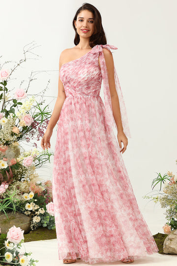 Red A Line One Shoulder Print Tulle Bridesmaid Dress with Ruched